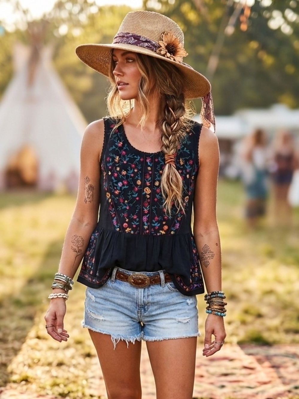 Altar'd State Embroidered Cottagecore Peplum Tank Top -Boho Black Floral - Small